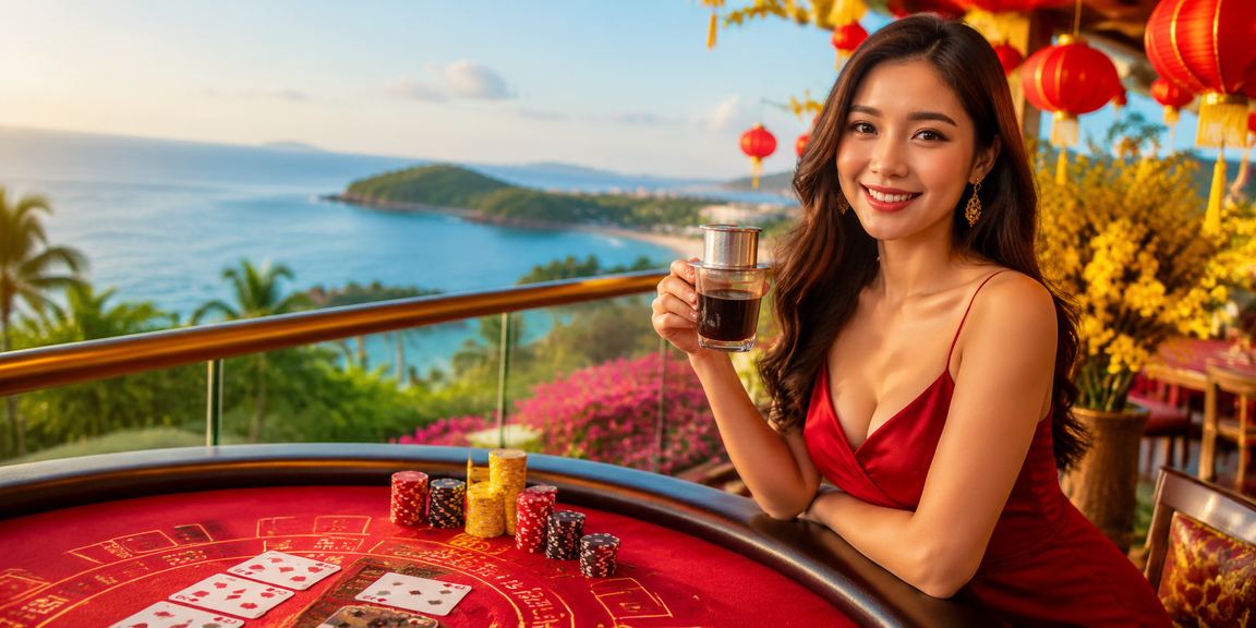 Người chơi baccarat tại Phú Quốc thưởng thức cà phê và theo dõi ván bài trực tuyến
